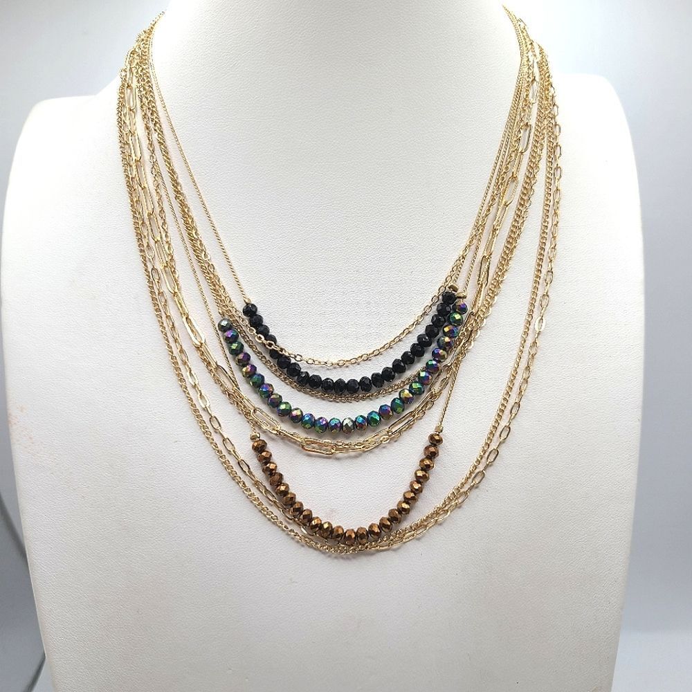 Multi-Layered Goldtoned Necklace with Black and Brown Beads